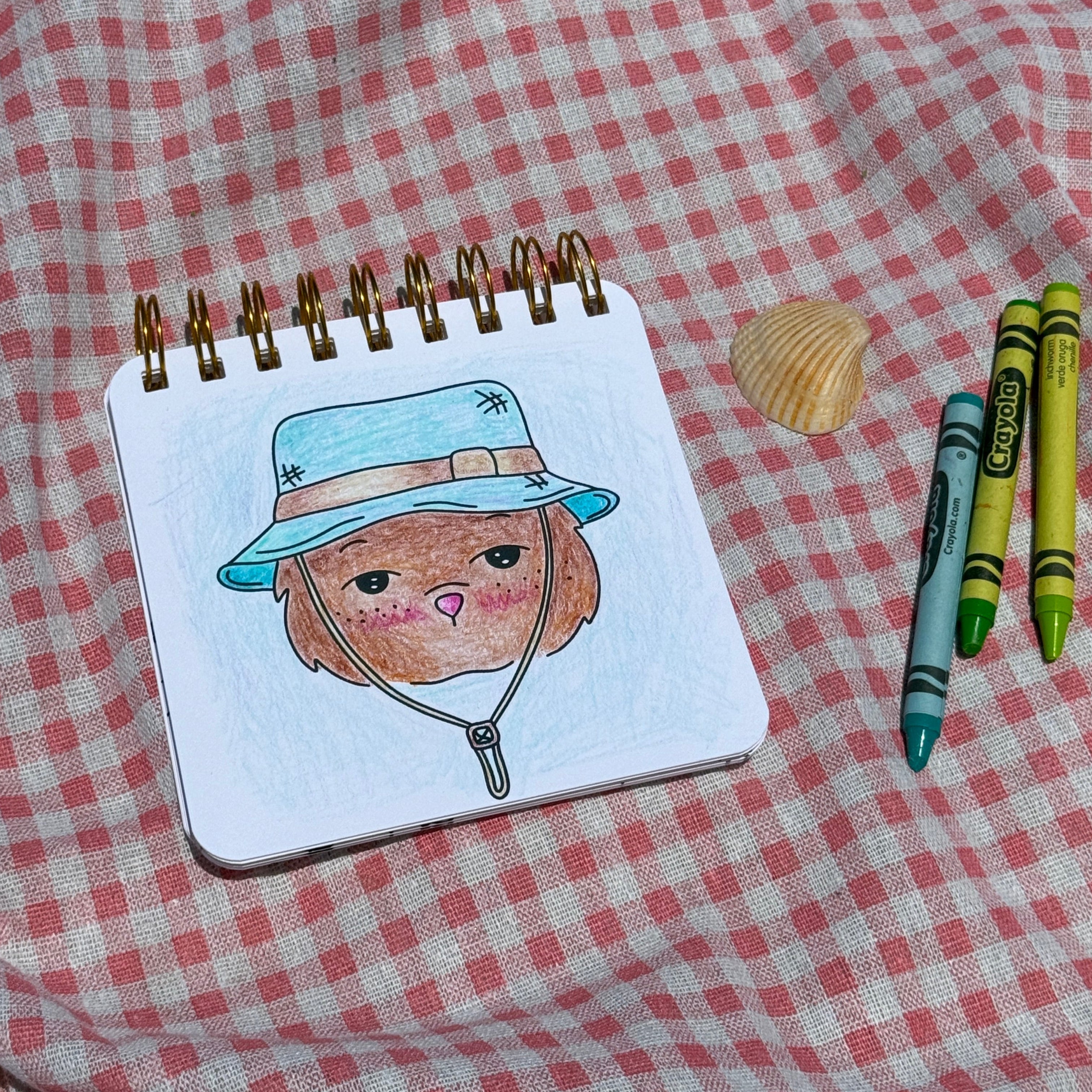 A small spiral-bound sketchbook with a cartoon drawing of a character in a blue hat, placed on a red-and-white gingham blanket with three crayons and a small seashell nearby.