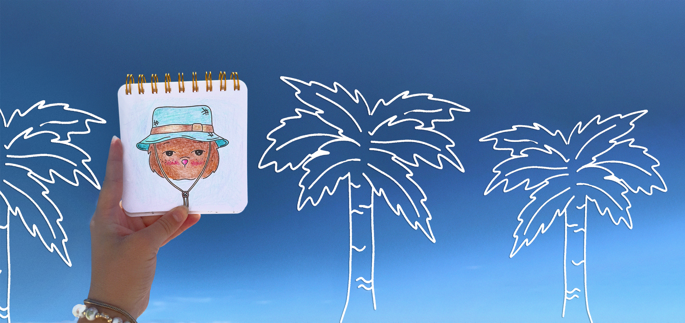 A hand holds a small spiral notebook with a colorful illustration of a person in a blue hat, set against a blue gradient background with white palm tree line drawings.