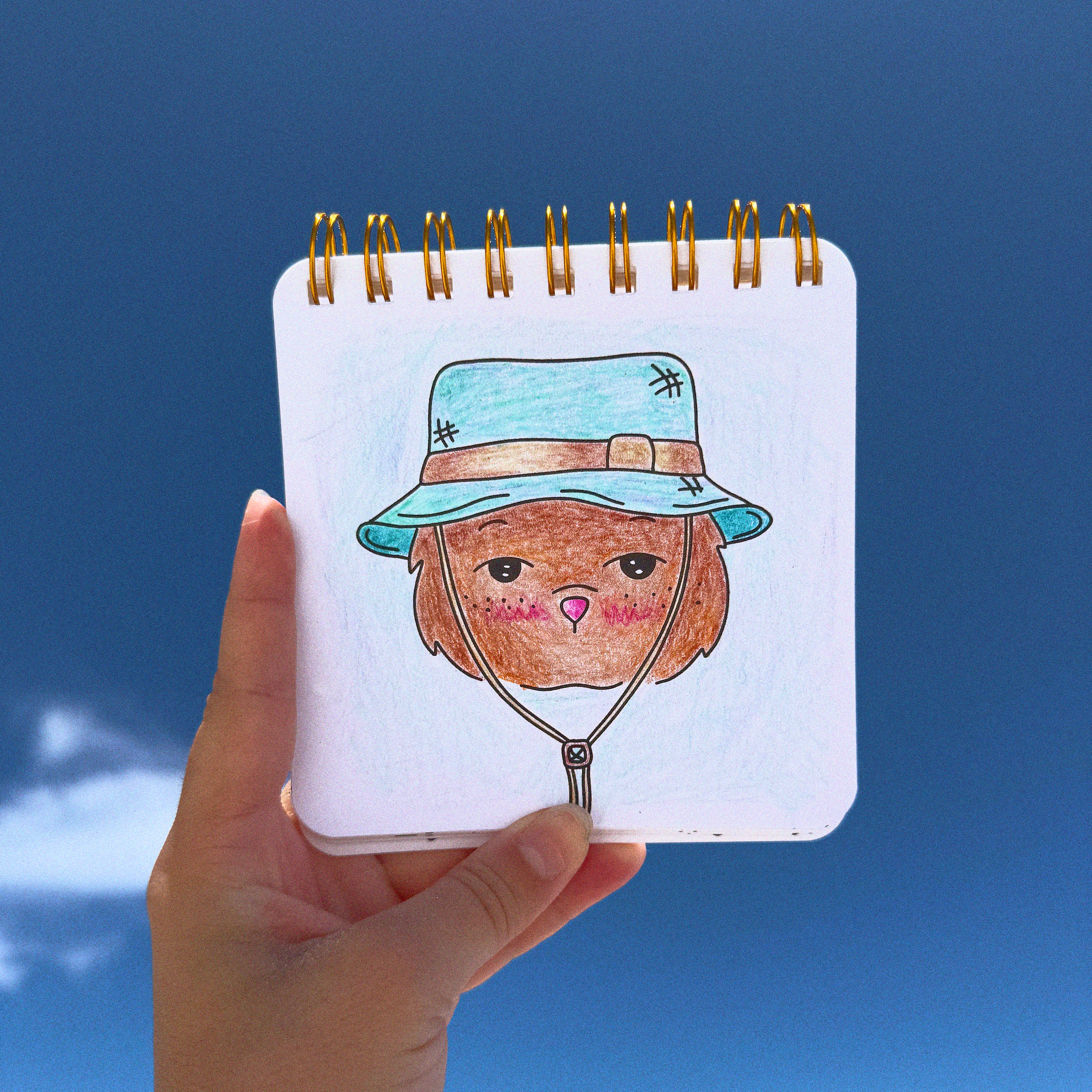 A hand holds a small white spiral-bound sketchbook against a blue sky background. The sketchbook features a hand-drawn illustration of a brown bear wearing a light blue bucket hat with a chin strap.