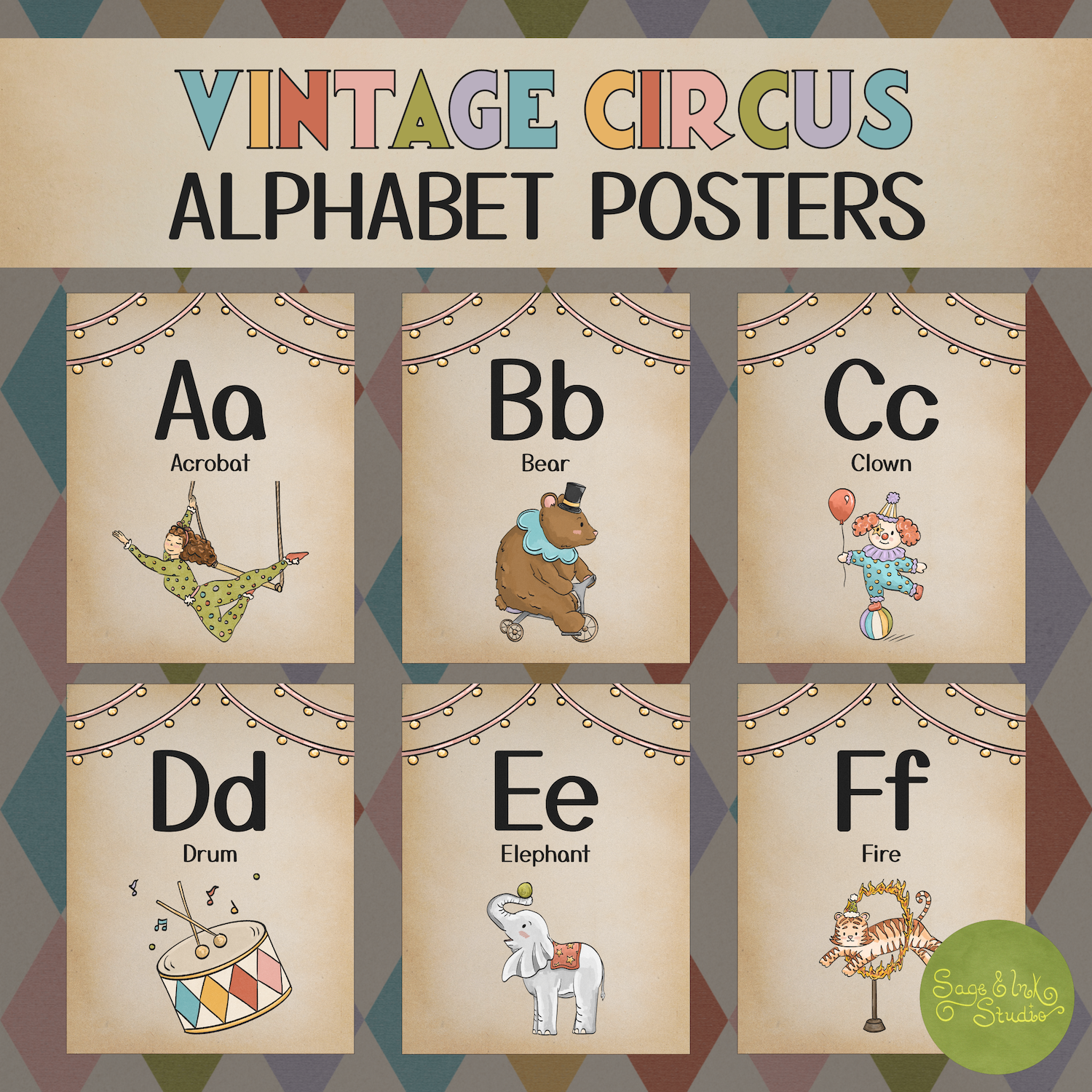 Vintage Circus Theme Alphabet Posters